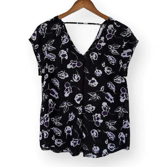 DR2 Tops - DR2 Black Purple Floral Chiffon Blouse M V-Neck Cap Sleeve Sheer Top Office